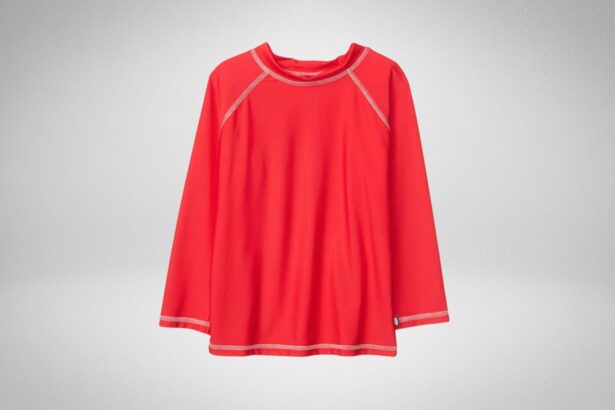 City Threads kids long sleeve rash guard in red with white contrast stitching at the collar and cuffs