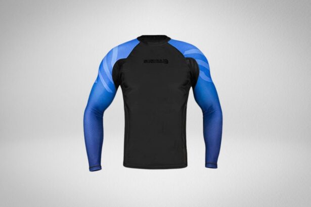 Sanabul Essentials long sleeve compression rash guard with a black body and blue patterned sleeves