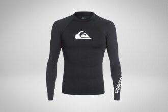 Quiksilver All Time long sleeve rash guard in black with the white mountain and wave logo