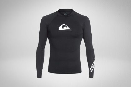 Quiksilver All Time long sleeve rash guard in black with the white mountain and wave logo