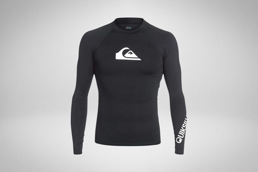 Quiksilver All Time long sleeve rash guard in black with the white mountain and wave logo