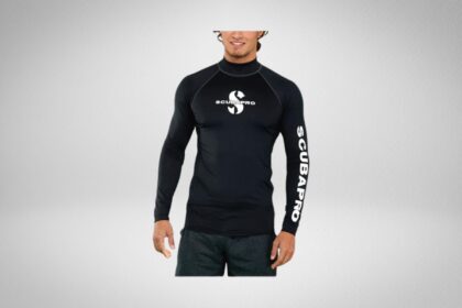Scubapro men's UPF 50 long sleeve rash guard in black with white logos on chest and sleeve