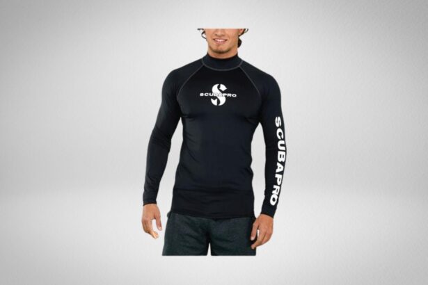 Scubapro men's UPF 50 long sleeve rash guard in black with white logos on chest and sleeve