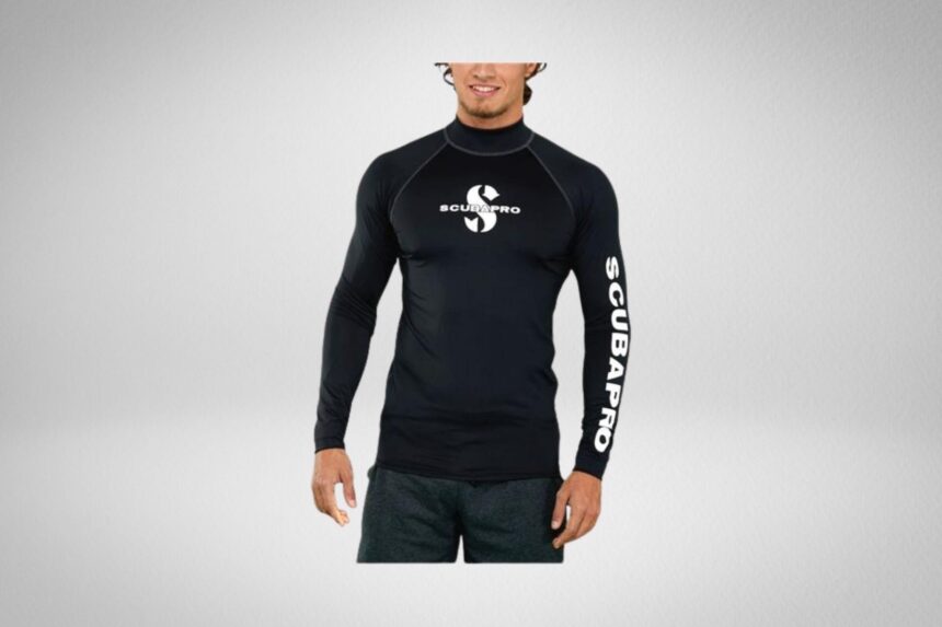Scubapro men's UPF 50 long sleeve rash guard in black with white logos on chest and sleeve