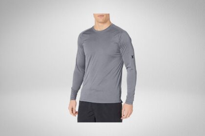Hurley men's Nike Dri-Fit long sleeve shirt in heather grey, worn with black shorts