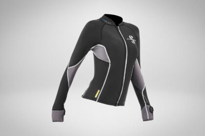 Scubapro women's EverFlex neoprene jacket in black and grey with a full front zip