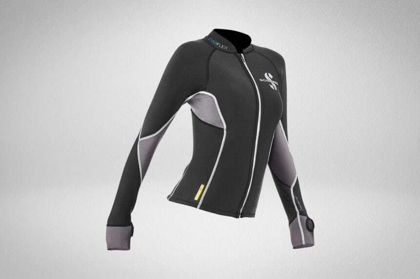 Scubapro women's EverFlex neoprene jacket in black and grey with a full front zip