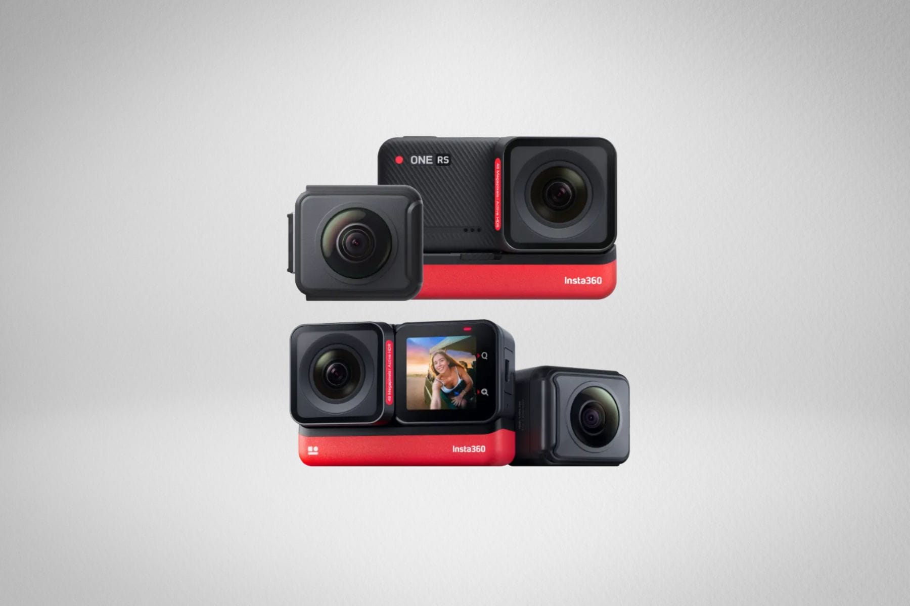 Insta360 One RS Twin Edition shown twice, once with the 360 lens mod and once with the wide-angle mod