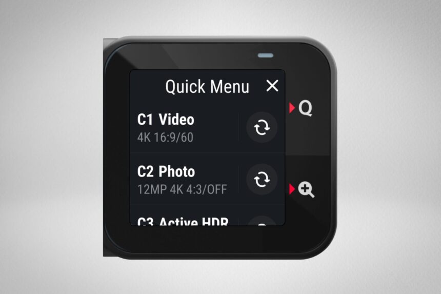 Insta360 One RS Quick Menu Screen Insta360 One RS touchscreen showing the Quick Menu with video, photo and Active HDR presets