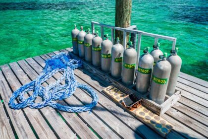 Rows of scuba tanks marked Nitrox lined up on a wooden dock beside turquoise water
