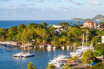 Aerial view of a marina in St Lucia lined with yachts against a tropical hillside