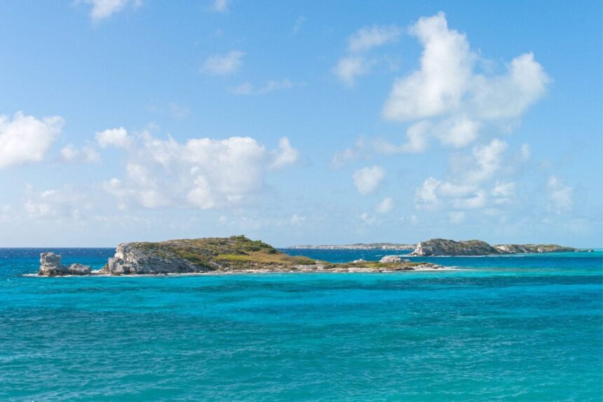Turquoise reef flats and rocky cays off Long Cay in Turks and Caicos