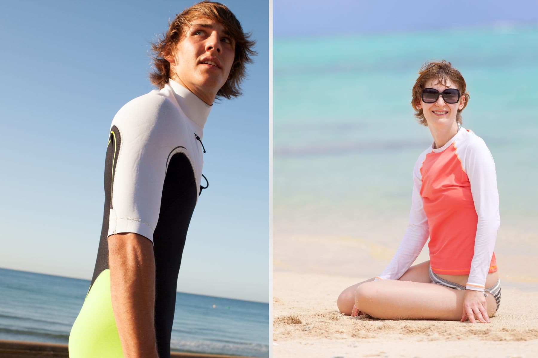 Side by side comparison of a short-sleeve rash top on a man and a long-sleeve rash guard on a woman