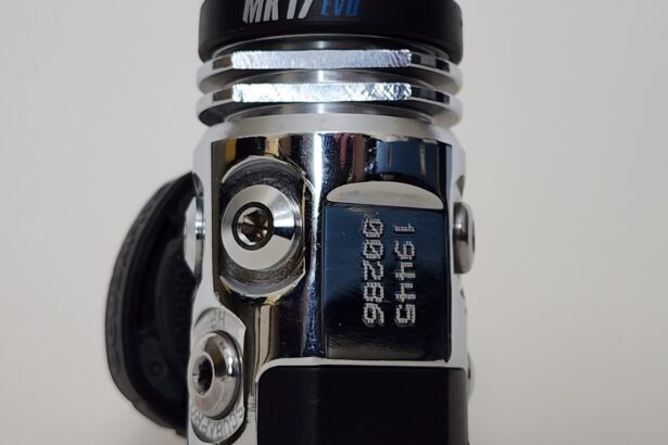 ScubaPro MK17 EVO first stage photographed upright on a white background with its DIN fitting and ports visible
