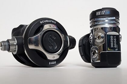 ScubaPro S600 second stage beside the MK17 EVO first stage on a white background