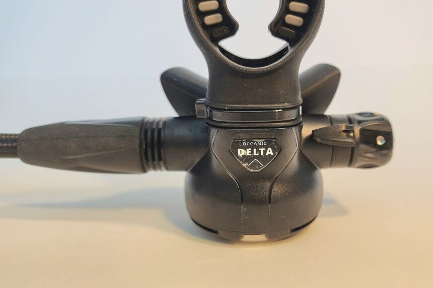 Oceanic Delta second stage from the side, showing the mouthpiece and purge housing