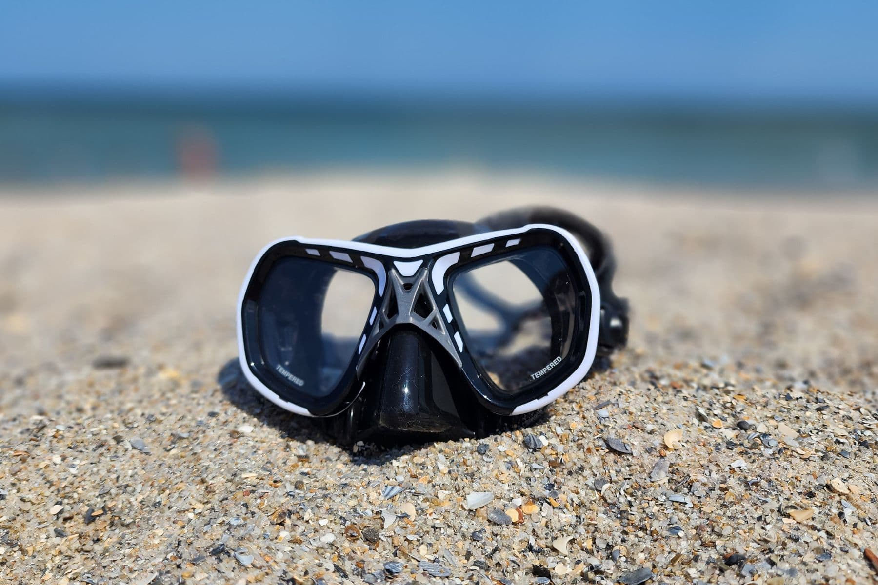 Mares Spyder resting on beach sand with the sea and blue sky behind it