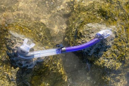 TUSA SP-0101 Hyperdry Elite II snorkel in purple and clear laid on a rock in shallow water