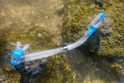 Cressi Supernova Dry snorkel in clear and blue over a shallow rocky bottom