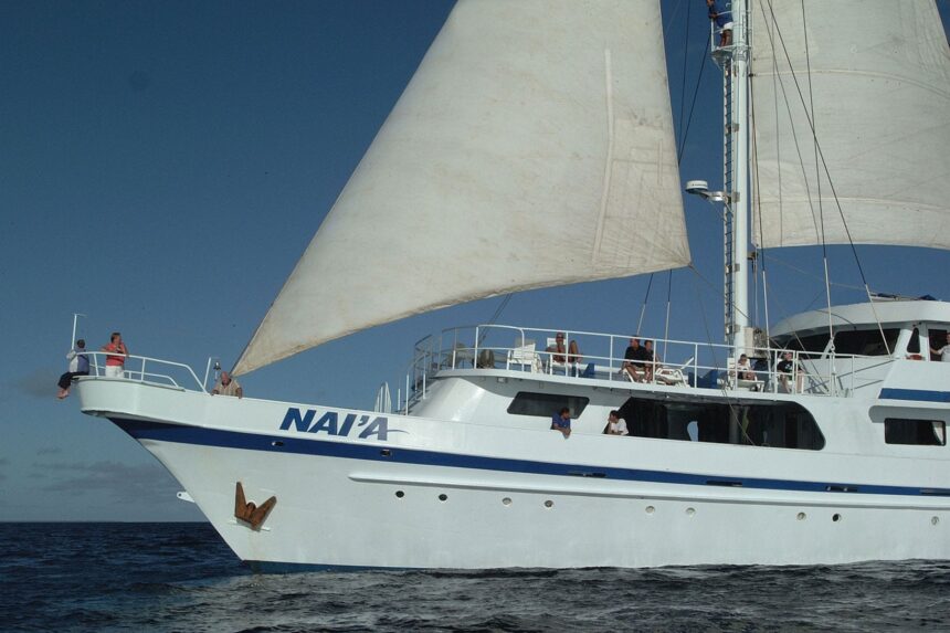 The Nai'a liveaboard under full sail with guests on the bow and upper deck