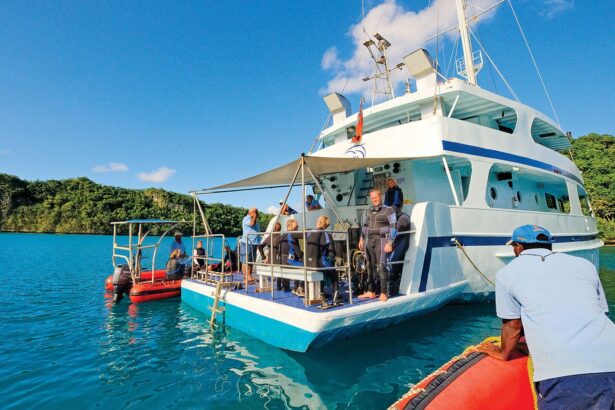 Divers wait to board a zodiac from the Nai'a's stern platform in Fiji