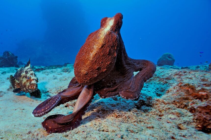 A reddish brown octopus perches on the reef near a scorpionfish