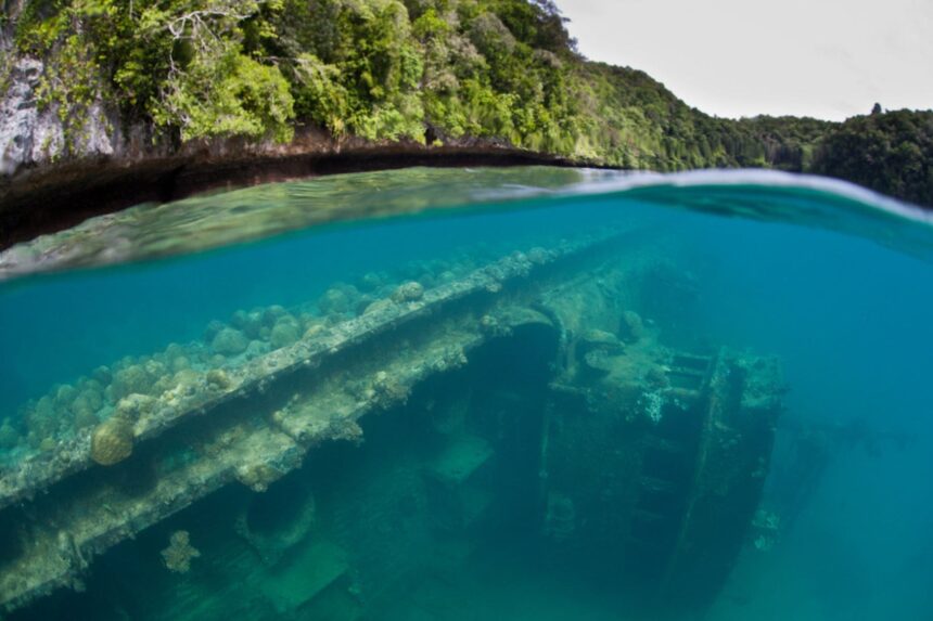 Coral-encrusted shipwreck lies half submerged beneath jungle-lined shore in Palau