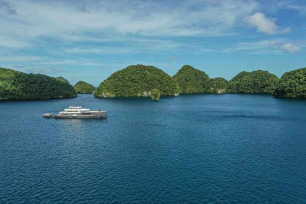 Black Pearl Explorer anchored among the mushroom-shaped rock islands of Palau's Southern Lagoon