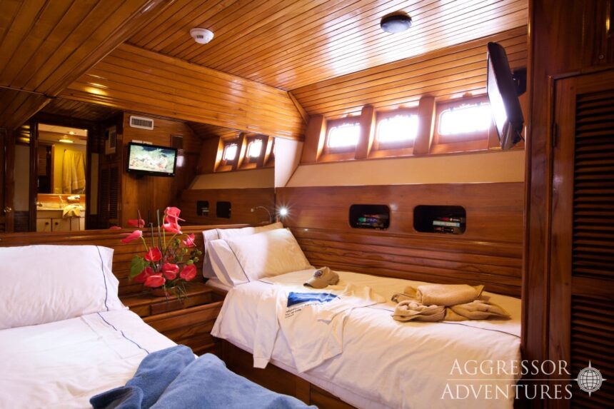 Twin cabin with wood paneling and TV aboard the Galapagos Aggressor III