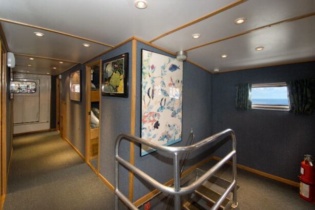 Narrow hallway lined with bunks and framed art aboard the Caribbean Explorer II