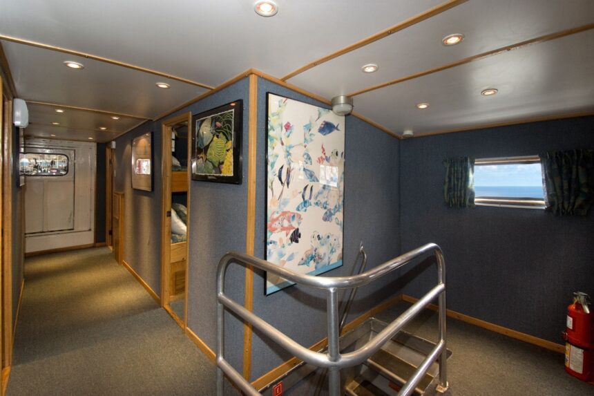 Narrow hallway lined with bunks and framed art aboard the Caribbean Explorer II