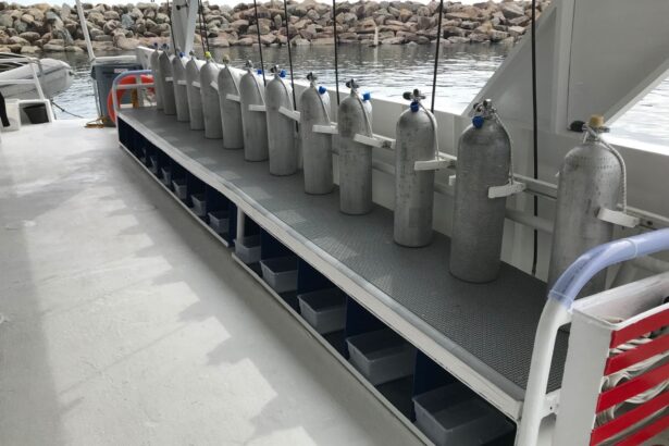 Rows of scuba tanks lined up on the dive deck