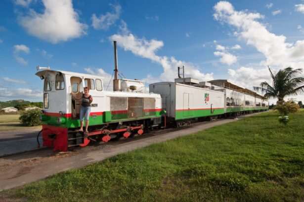 St. Kitts Scenic Railway train parked with a passenger aboard
