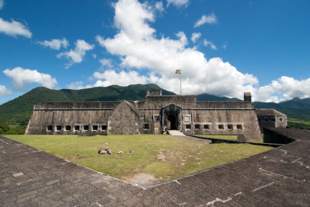 Brimstone Hill Fortress standing against a mountain backdrop on St. Kitts