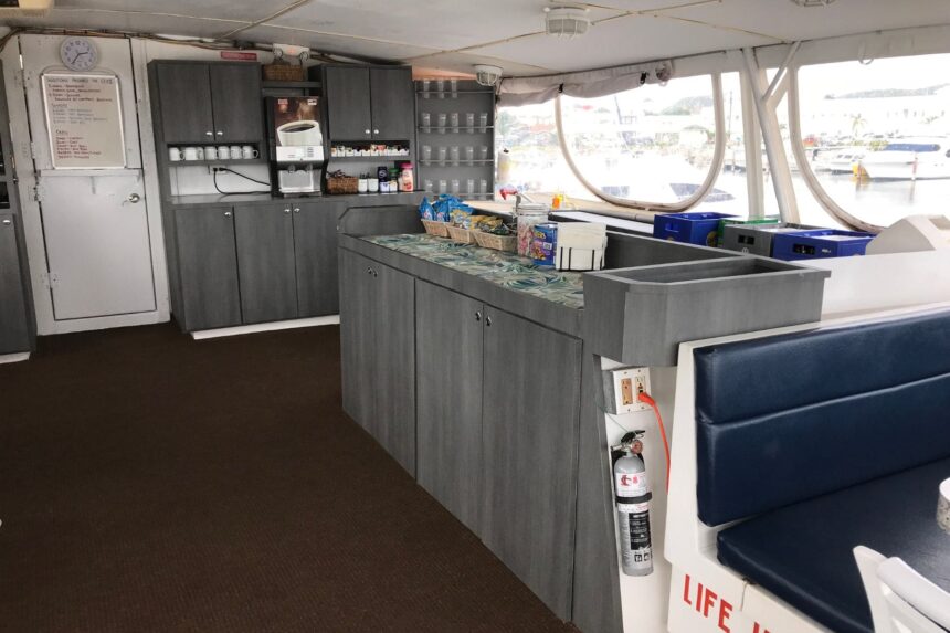 Galley counter stocked with snacks and drinks aboard the Caribbean Explorer II