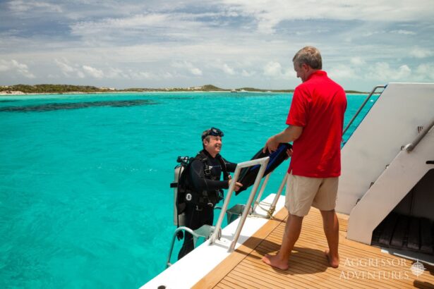 Crew member helps a diver climb the boat's dive platform ladder in turquoise water