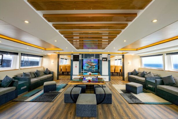 Sleek white exterior deck of the Emperor Elite overlooking the marina