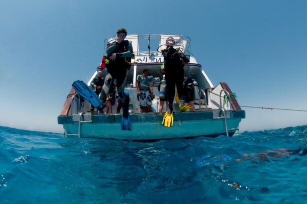 An oceanic whitetip shark swims past striped pilot fish in open water
