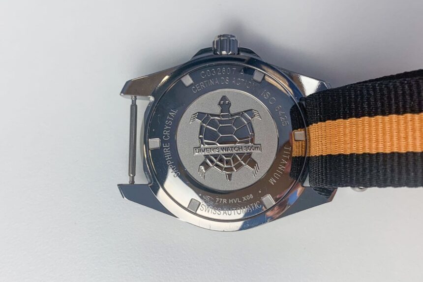 Certina DS Action Diver Turtle Case Back Case back of the Certina DS Action Diver showing the engraved turtle divers watch emblem
