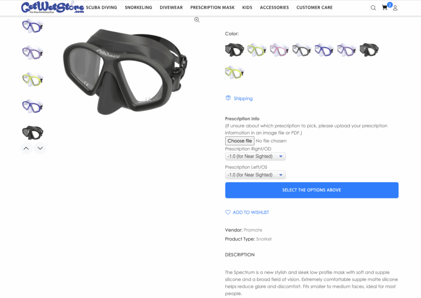 Online shop listing for the Promate Spectrum mask with colour and prescription strength options
