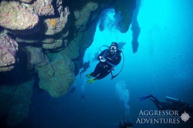 Diver descending past limestone formations inside the Great Blue Hole