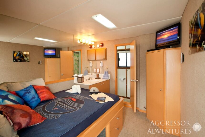 Cabin aboard the Belize Aggressor III with a bed dressed in branded bedding