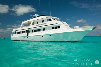 Belize Aggressor III liveaboard yacht anchored in turquoise water