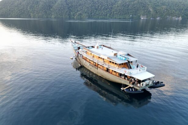 aerial view of the Emperor Harmoni cruising calm Indonesian waters