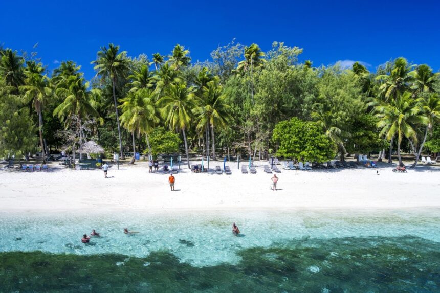 swimmers and sunbathers along a palm lined beach on a Fiji Princess shore stop