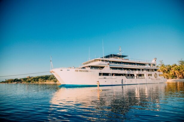 aerial view of the Fiji Princess anchored near a Fijian island