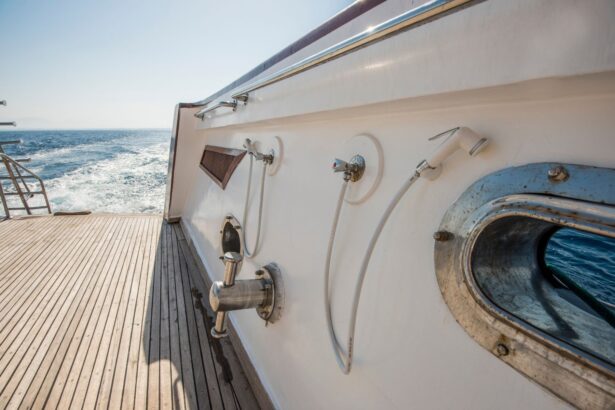 Fresh water shower fittings mounted on the yacht's exterior hull