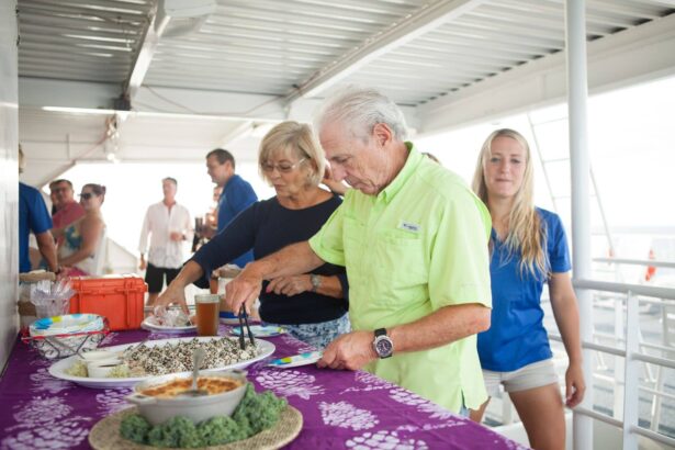 A buffet spread of appetizers and baked dishes laid out on the Aqua Cat's deck