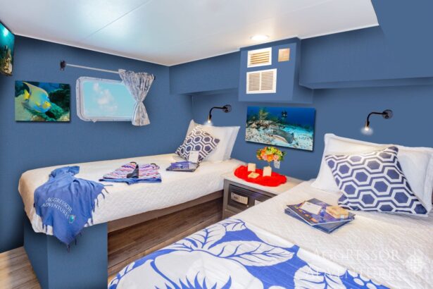 A twin-bed cabin decorated in blue aboard the Cayman Aggressor IV