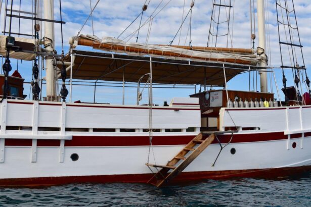 Side view of the Emperor Raja Laut's white and red hull with boarding ladder lowered